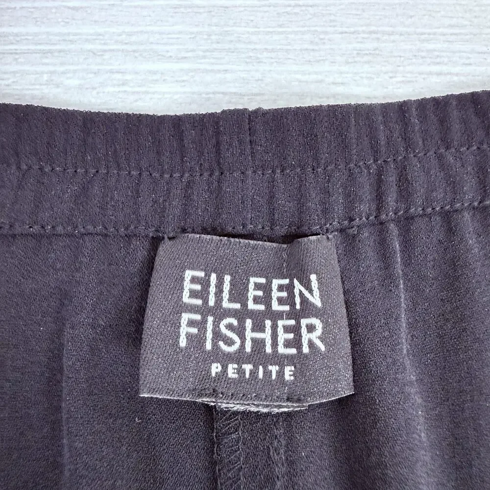 Eileen Fisher 100% Silk‎ Crepe Wide Leg Pants Large Petite Black Pull On Flowy
